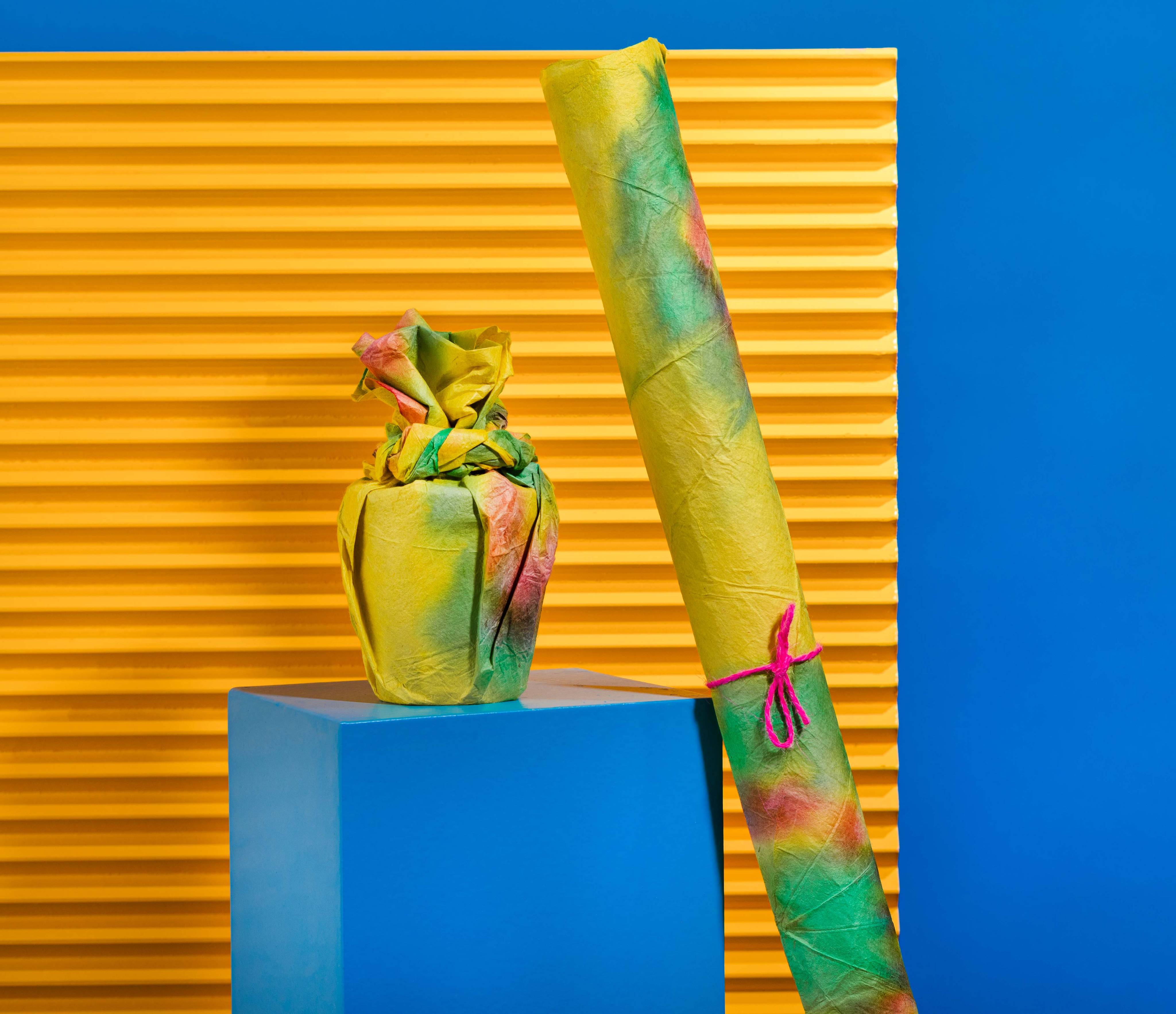 Yellow tie-dye Lokta handmade gift wrap, (British brand)