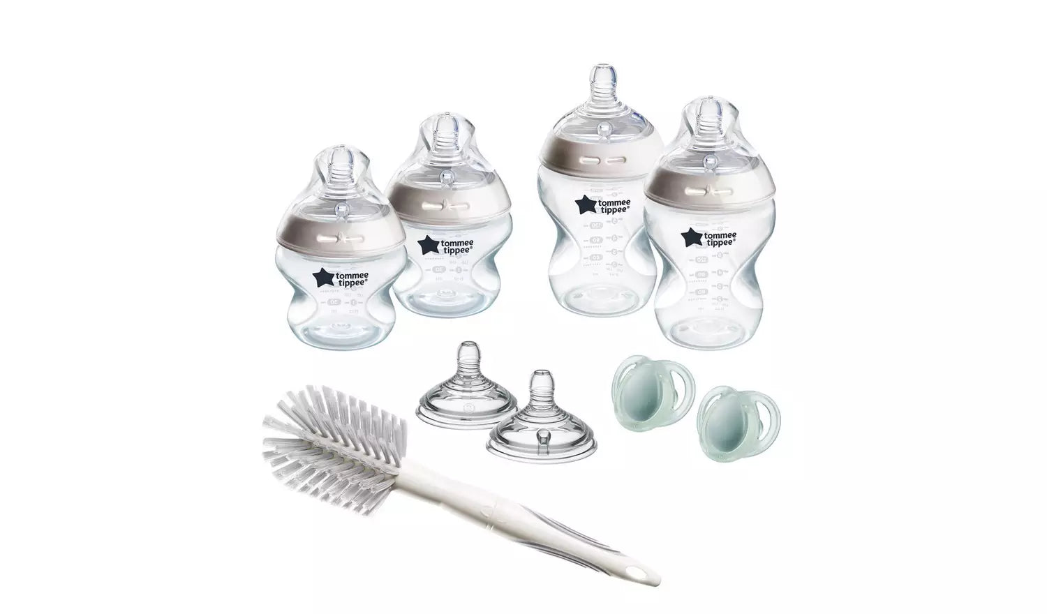 Tommee Tippee white baby bottle starter kit, imported from the UK