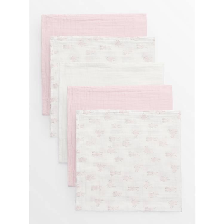 Muslin squares 5 pack pink and bunny print pure cotton, imported from the UK