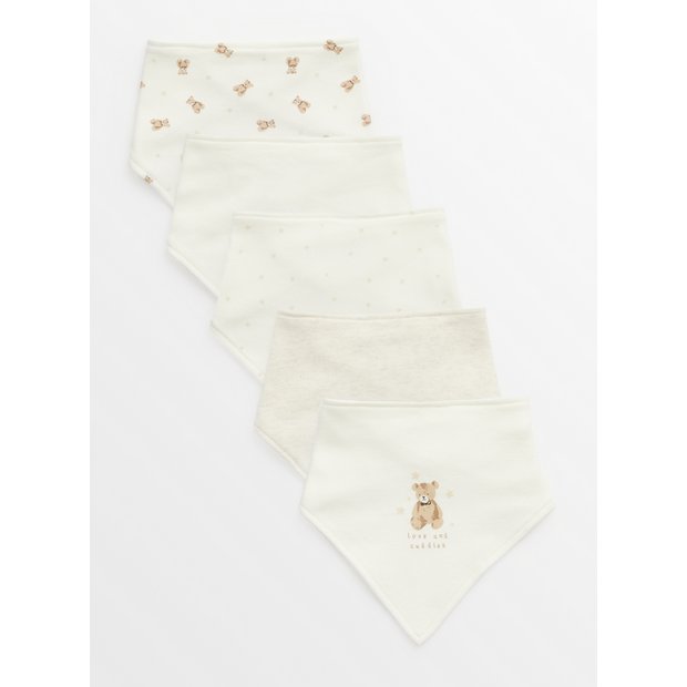 Cream bear print hanky bibs 5 pack, imported from the UK