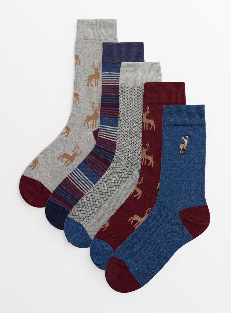 Stripe & Deer Print Ankle Socks 5 Pack 9-12