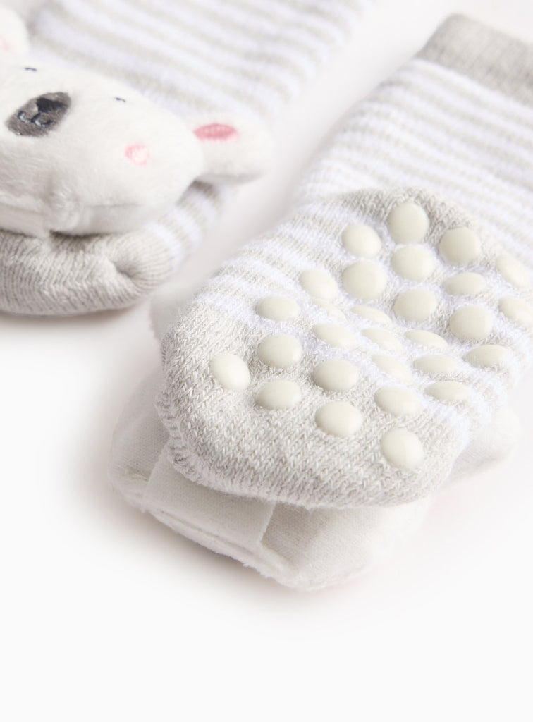 Grey Striped Polar Bear Rattle Socks 1-6 months