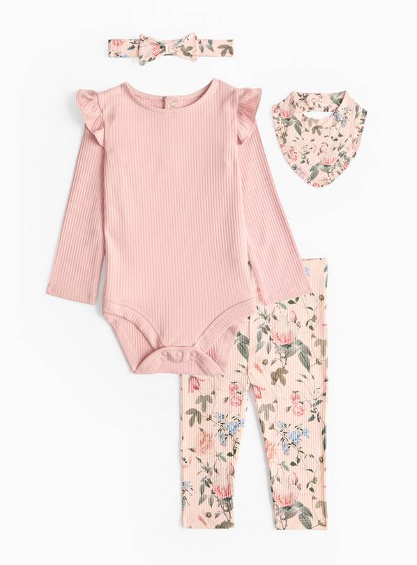 Pink Floral Print Ribbed 4-Piece Set  3-6 months