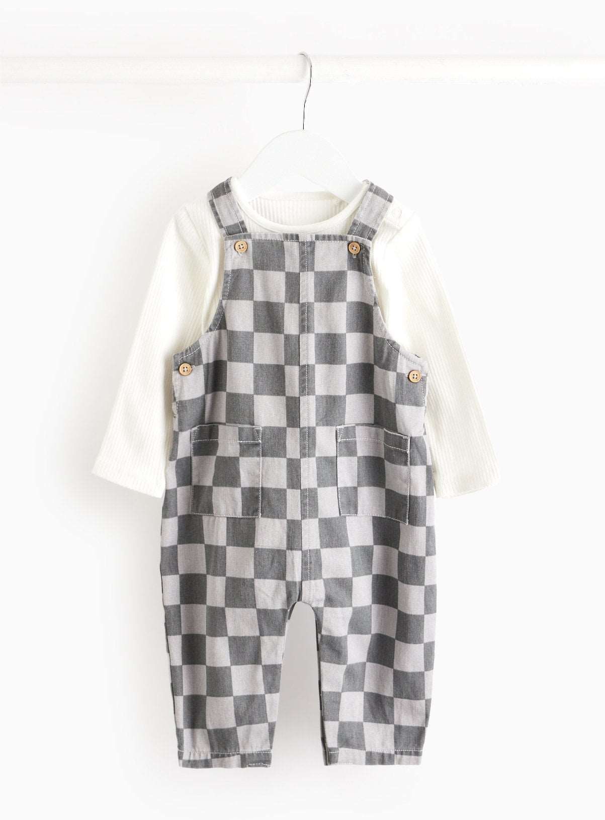 Bodysuit &amp; Grey Chequered Dungarees Set 12-18 months