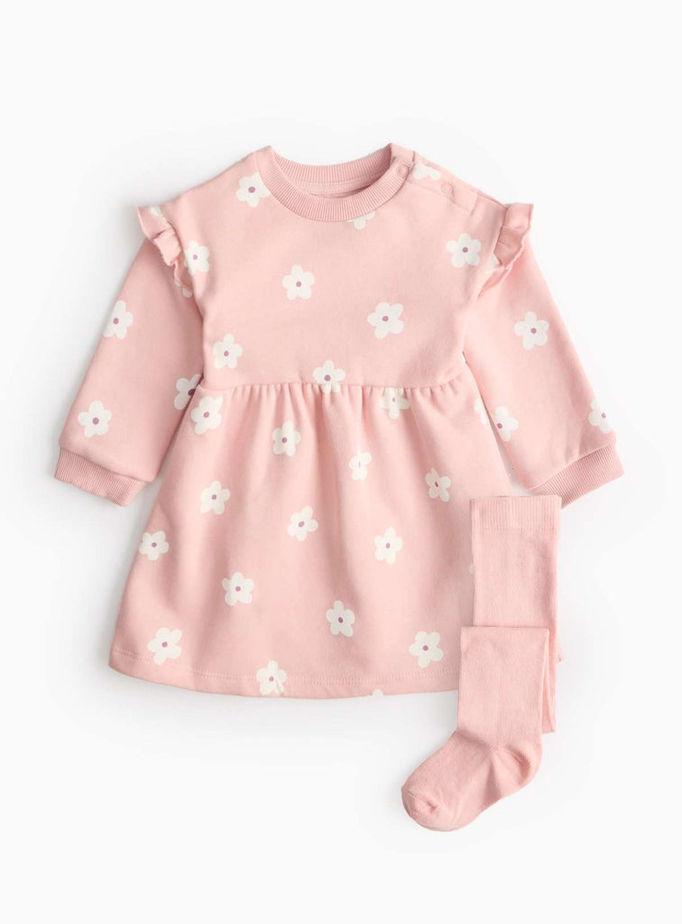 Pink Floral Print Dress Set With Tights 12-18 months