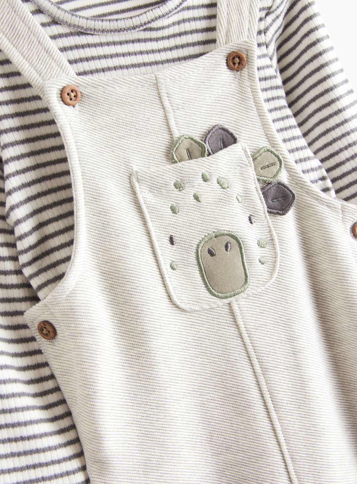 Stripe Bodysuit & Grey Dinosaur Dungarees Set 12-18 months GOODS Argos