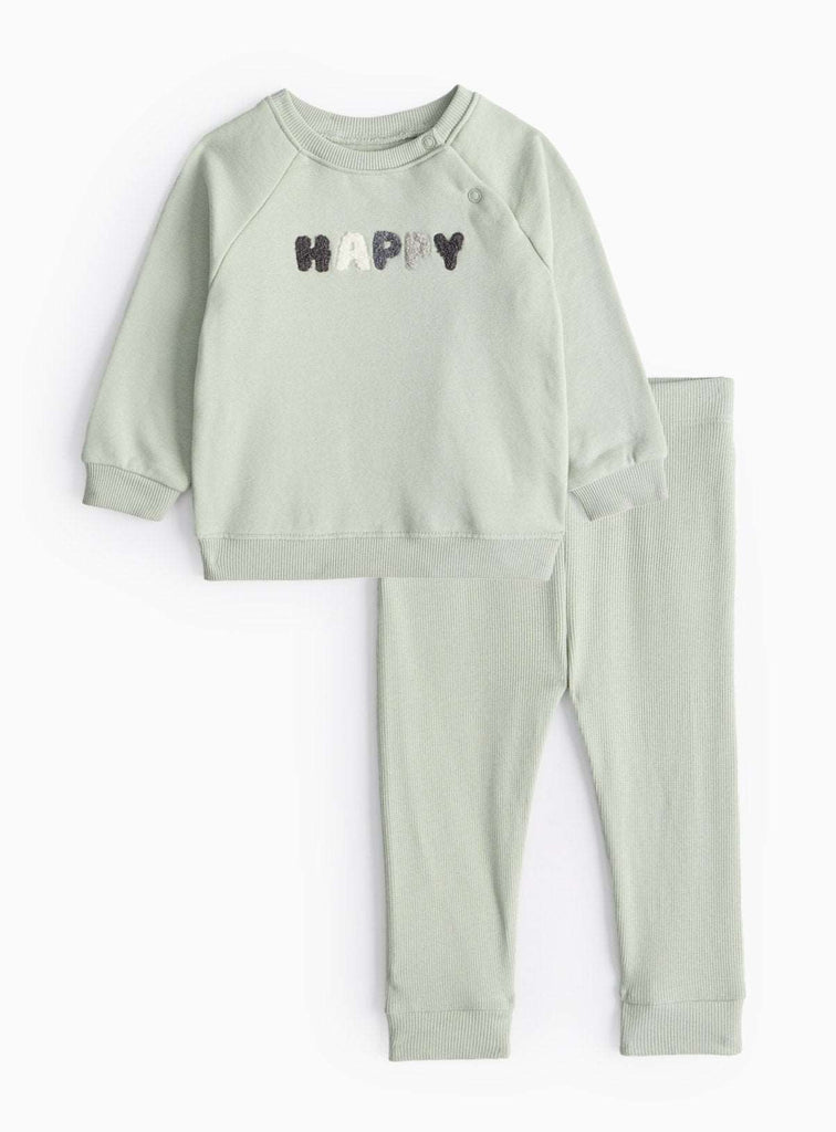 Sage Green Happy Slogan Sweatshirt & Leggings Set Up to 3 mths