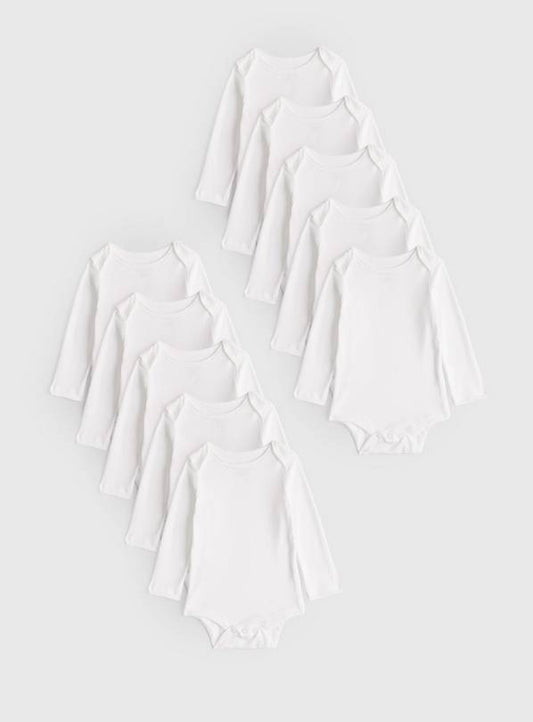 White Long Sleeve Bodysuit 10 Pack Up to 3 mths