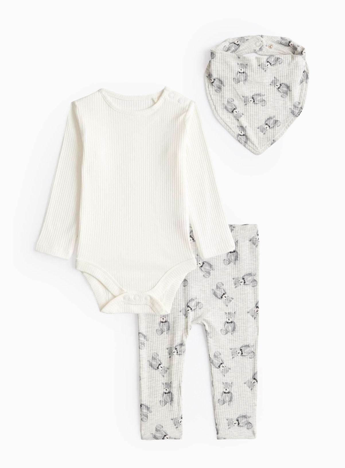 Grey Teddy Bear Print Bib, Bodysuit & Leggings Set 6-9 months GOODS Argos