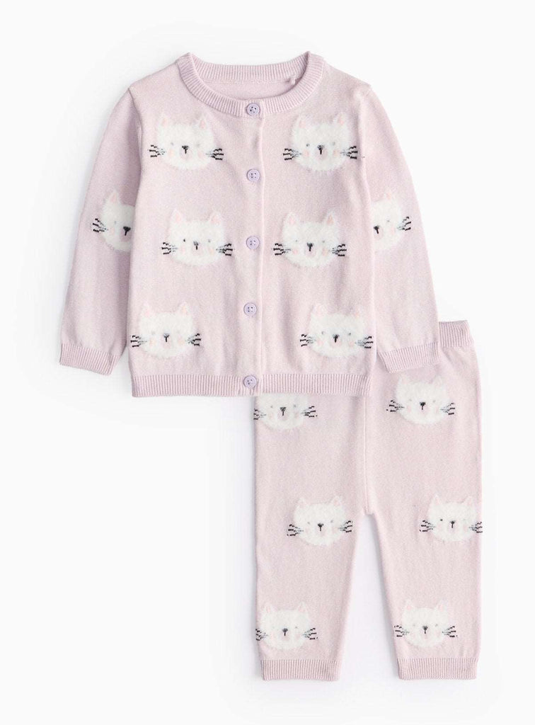 Lilac Cat Print Knitted Cardigan & Leggings Set 6-9 months