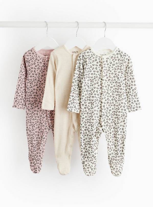 Leopard Print & Oatmeal Sleepsuits 3 Pack 3-6 months