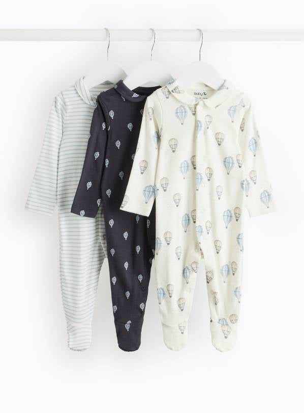 Blue Balloon Print &amp; Striped Sleepsuits 3 Pack Up to 1 mth