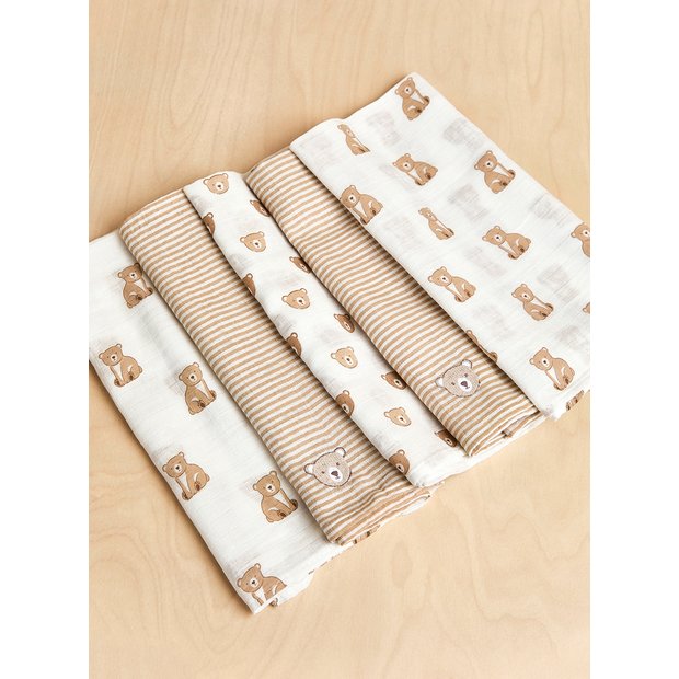 JoJo Maman Bébé 5 pack bear embroidered muslins (British brand)