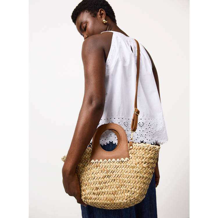 Mini handheld straw bag round chocolate handle - British product