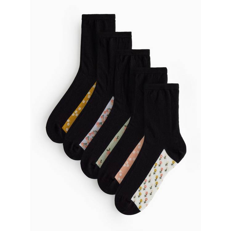 Black floral footbed detail ankle socks 5 pack, imported from the UK