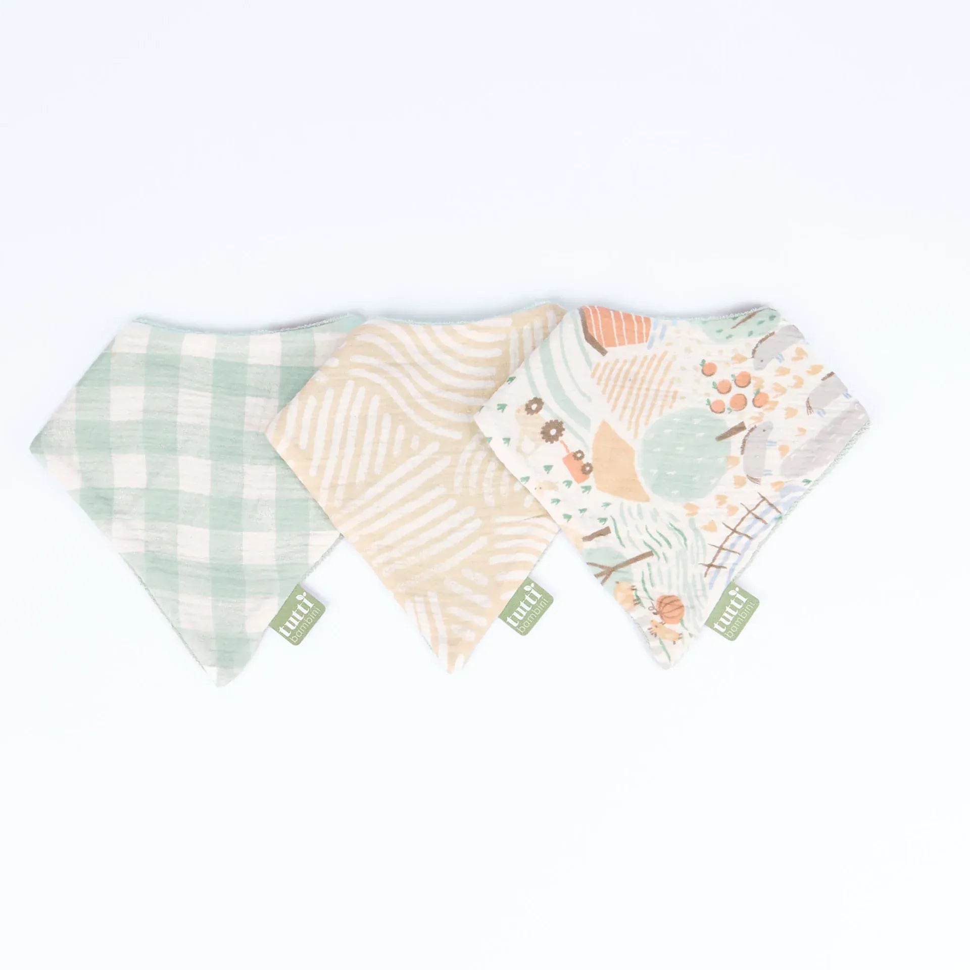 Tutti Bambini muslin bandana bibs 3 pack, imported from the UK