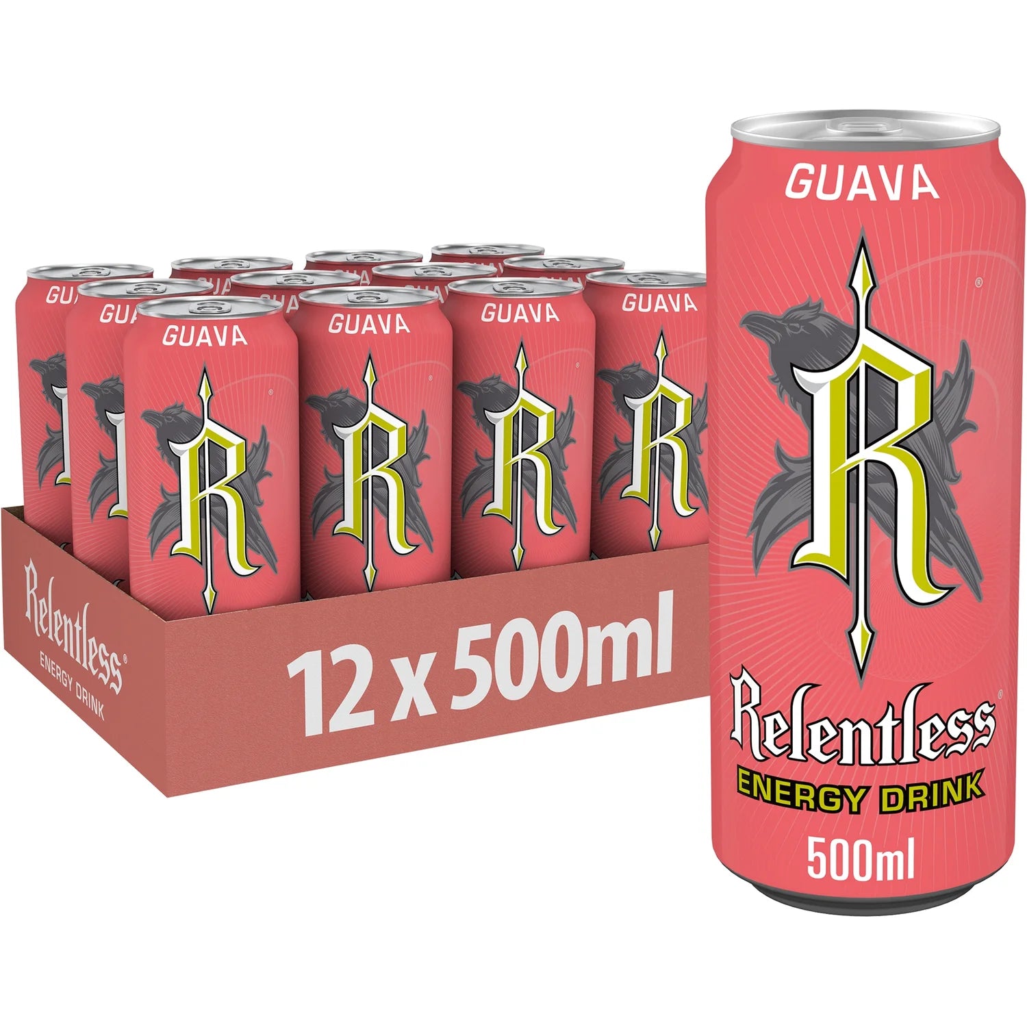 Relentless Guava energy drink 12 pack 500ml, imported from the UK