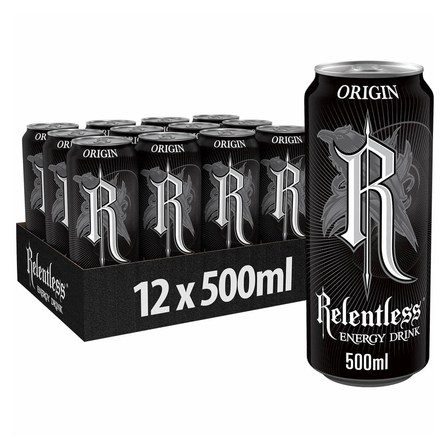 Relentless Origin Energy Drink 500ml pack, imported from the UK