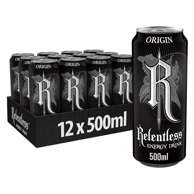 Relentless Origin Energy Drink 500ml pack, imported from the UK