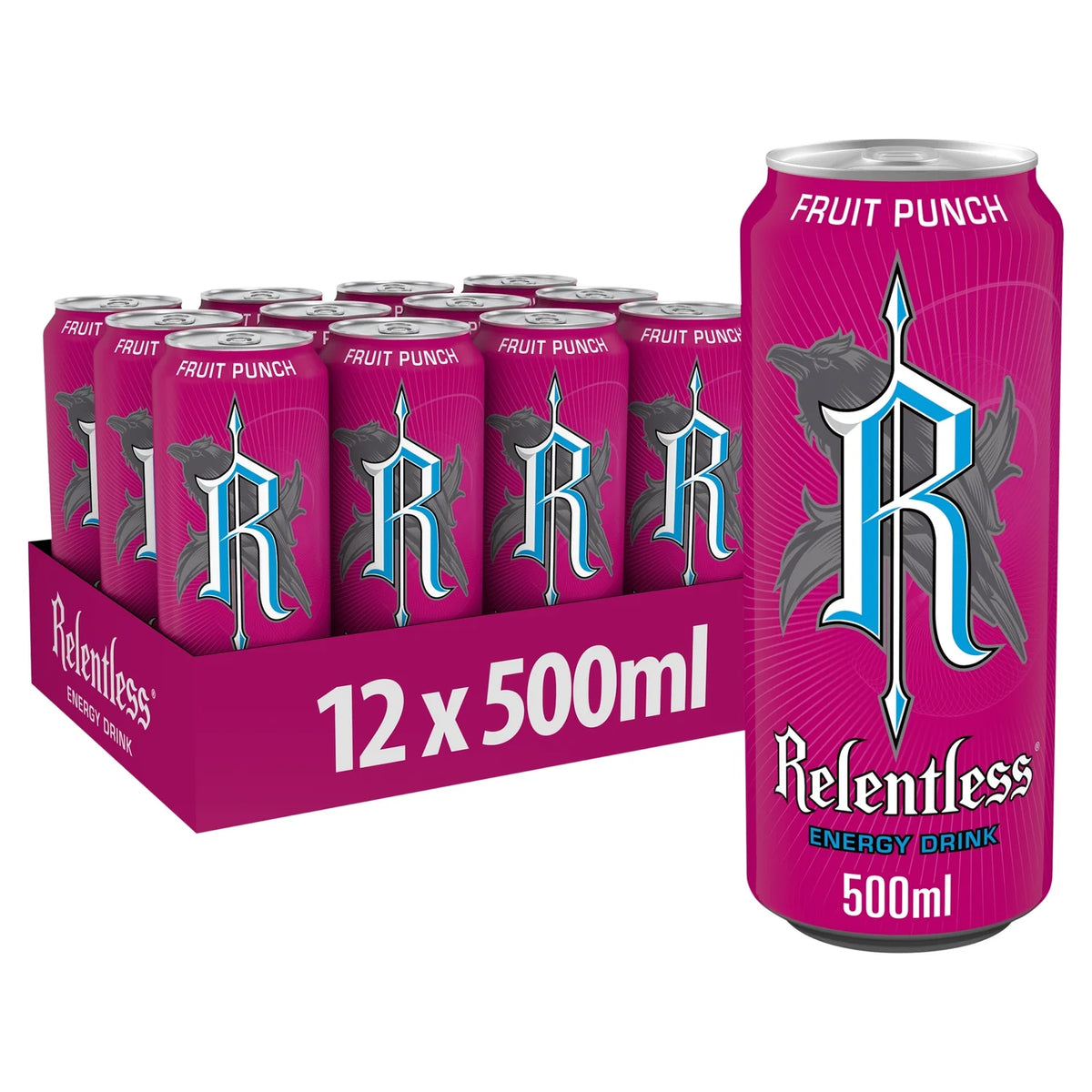 Relentless fruit punch energy drink 12 x 500ml, imported from the UK