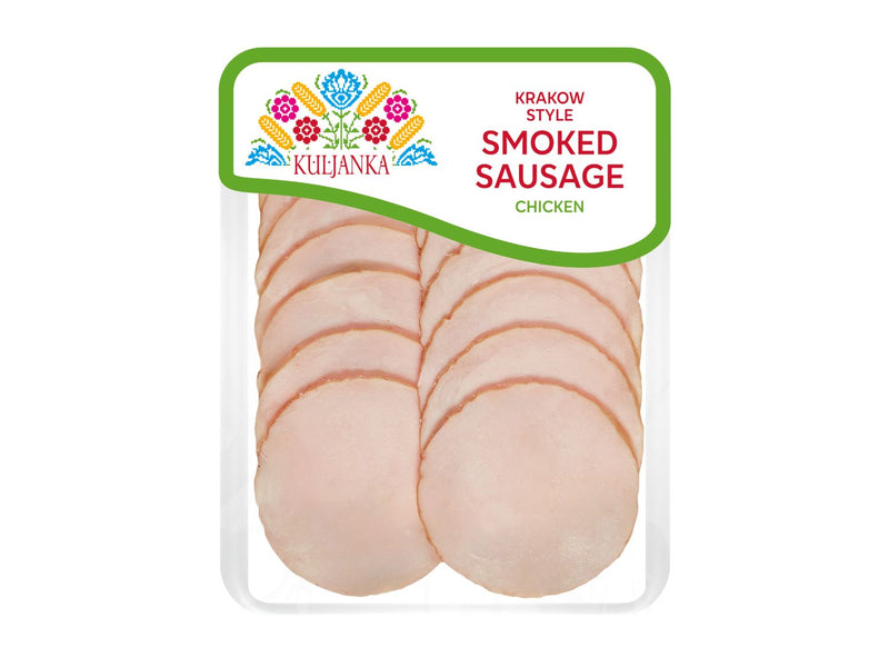 Krakow-style smoked sausage slices in assorted pork and chicken - British product