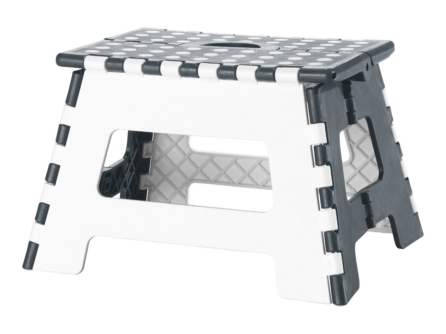 Grey and white folding step stool with carry handle (British brand)
