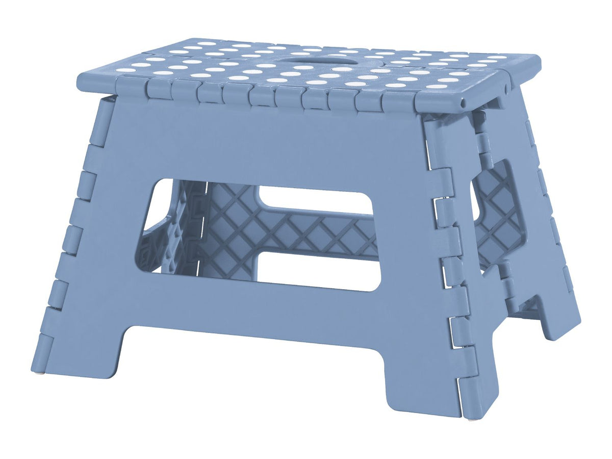 Blue folding step stool with non-slip surface, UK version