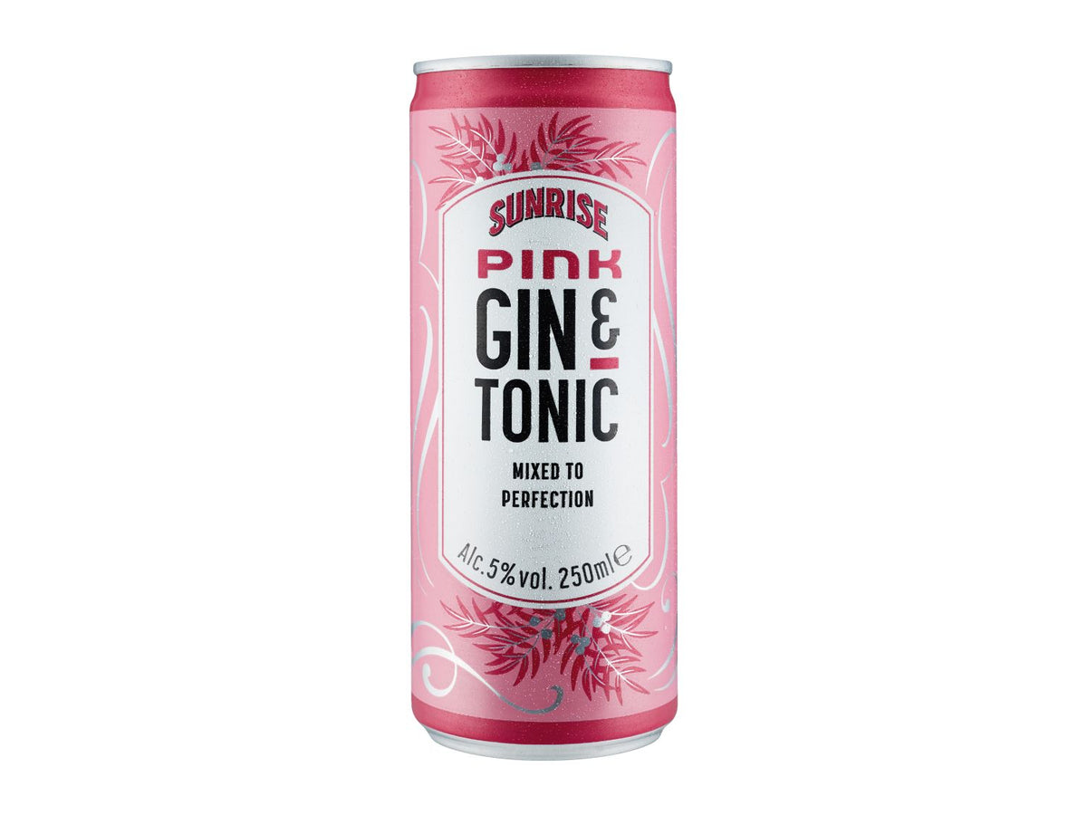 Pink gin and tonic ready to drink can 250ml, UK version