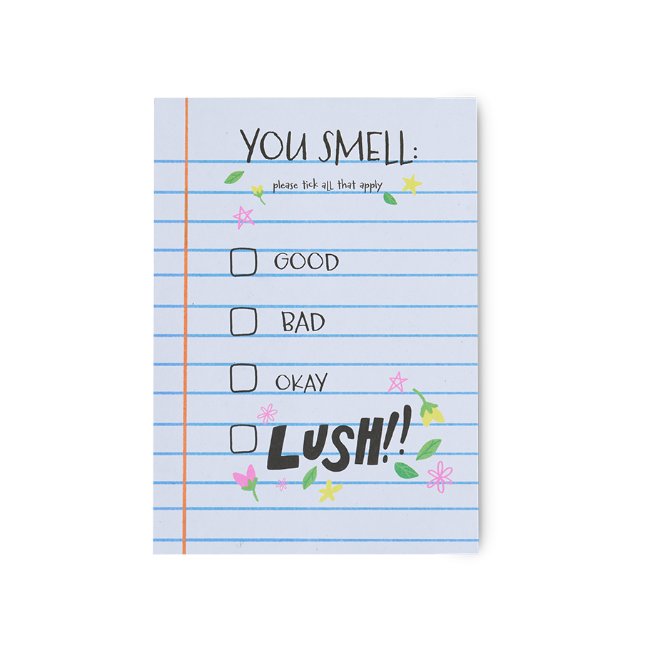 Lush You Smell Good Bad Okay or Lush postcard, imported from the UK