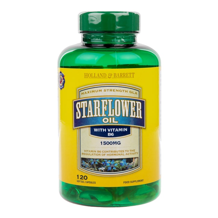 Holland & Barrett Starflower Oil 1500mg Plus Vitamin B6 120 Capsules Omega 3 Supplements & Fish Oils Holland&Barrett Default Title  