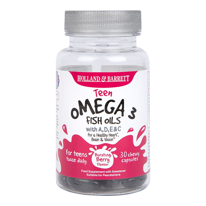 Holland & Barrett Teen Omega 3 Fish Oils with A,D,E & C Bursting Berry Flavour 30 Chewy Capsules Kid's & Teen's Multivitamins Holland&Barrett   