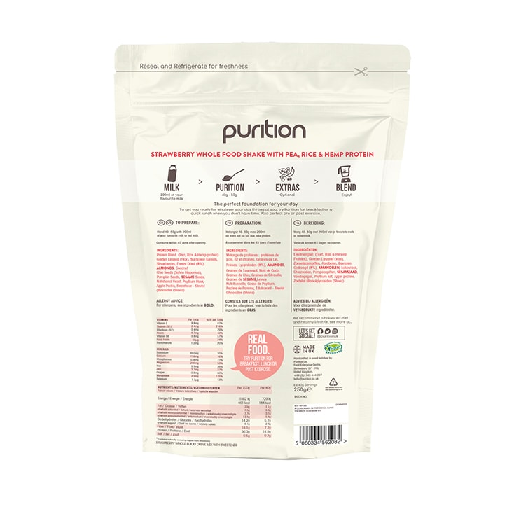 Purition Vegan Wholefood Nutrition Strawberry 250g Meal Replacements Proteins & Shakes Holland&Barrett   