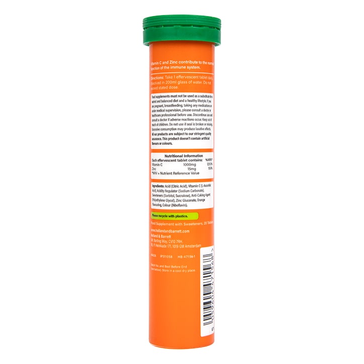 Holland & Barrett High Strength Effervescent Vit C & Zinc Orange Flavour 20 Tablets Immune Support Supplements Holland&Barrett   