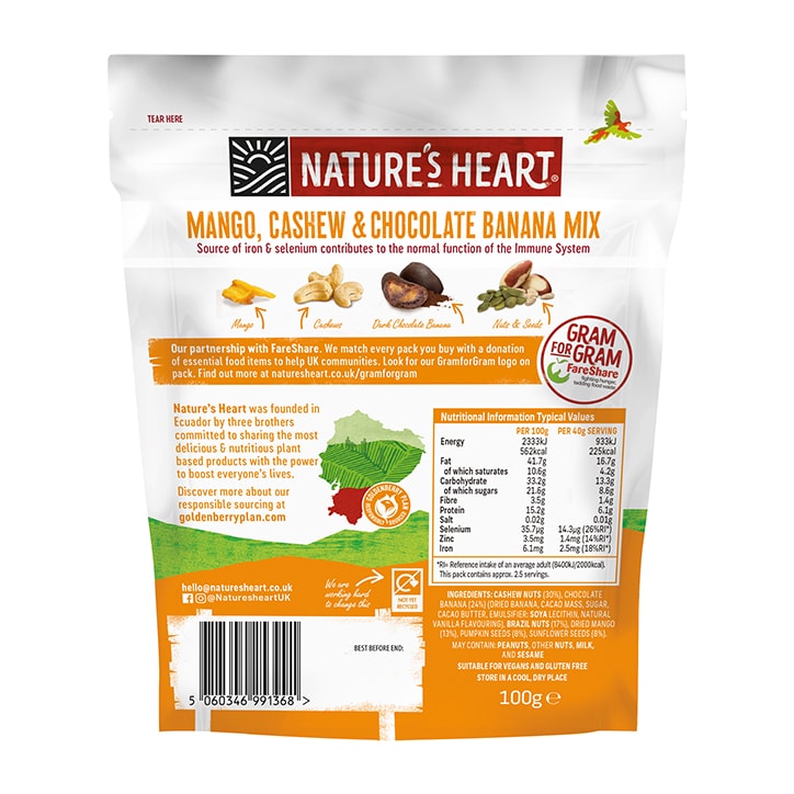 Nature's Heart Mango, Cashew & Chocolate Banana Immune System Mix 100g