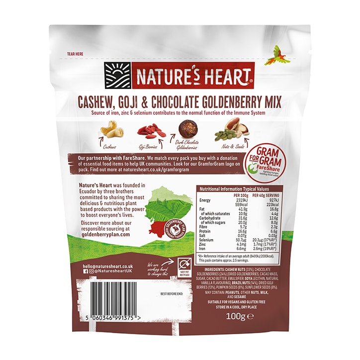 Nature's Heart Cashew, Goji & Chocolate Goldenberry Immune System Mix 100g GOODS Holland&Barrett   