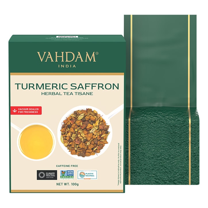 Vahdam Turmeric Saffron Herbal Tea Tisane Loose Leaf 100g