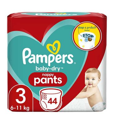 Pampers Baby-Dry Nappy Pants Size 3, 44 Nappies, 6kg-11kg, Essential Pack