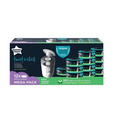 Tommee Tippee - Twist and Click Advanced Nappy Disposal Sangenic Tec  Refills Pack of 12 with Sustainably Sourced Antibacterial GREENFILM