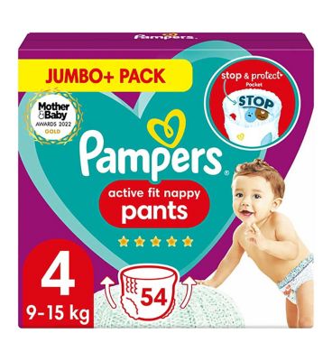 Pampers Active Fit Nappy Pants Size 4, 54 Nappies, 9kg-15kg, Jumbo Pack