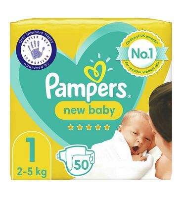 Pampers New Baby Size 1, 50 Newborn Nappies, 2kg-5kg, Essential Pack