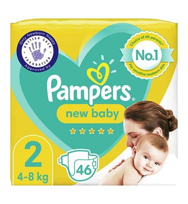 Pampers New Baby Size 2, 46 Newborn Nappies, 4kg-8kg, Essential Pack - McGrocer