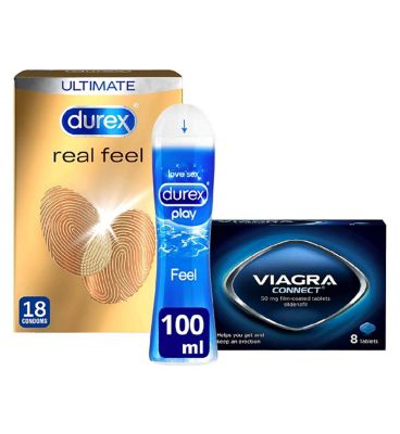 Viagra Connect 50mg tablets - 8 tablets with Durex Real Feel Condoms 18 and Lubricant Bundle