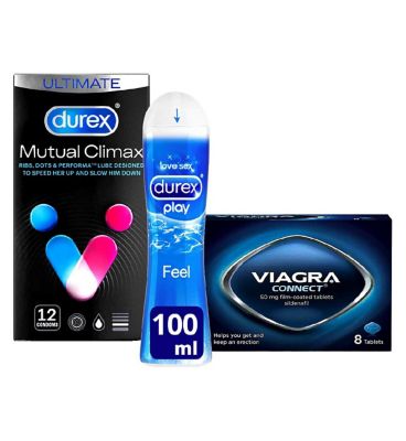 Viagra Connect 50mg tablets - 8 tablets with Durex Ultimate Mutual Climax Condoms 12s & Lubricant Bundle