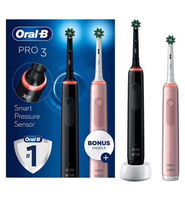 Oral-B Pro 3 - 3900 - Black & Pink Electric Toothbrush Duo Pack Designed By Braun