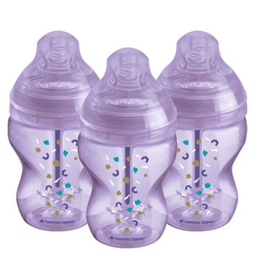 Tommee Tippee Advanced Anti-Colic Baby Bottle, 260ml, Breast-Like Teat, Triple-Vented Anti-Colic Wand, Pack of 3, Purple