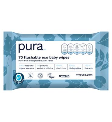 Pura Flushable 100% Plastic Free Biodegradable Baby Wipes 70 Pack Baby Accessories & Cleaning Boots   