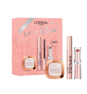 L'Oréal Paris Let It Glow Lipstick, Mascara and Highlighting Powder Trio Gift Set - McGrocer