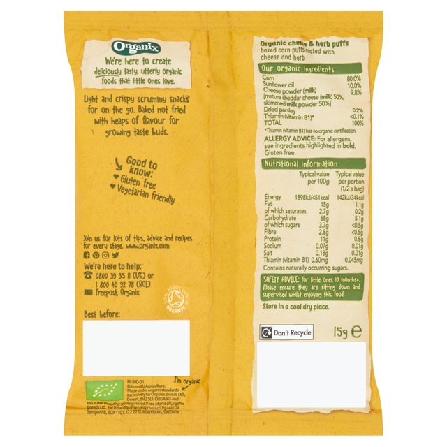 Organix Cheese & Herb Organic Puffs, 12 mths+