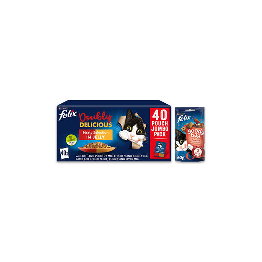 Felix Doubly Delicious Meaty Selection in Jelly Wet Cat Food 40 Pack & Goody Bag Treats Cat Food & Accessories ASDA   
