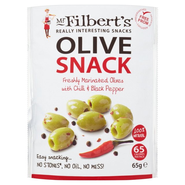 Mr Filberts Olive Snacks Pitted Green Olives with Chilli & Blackpepper